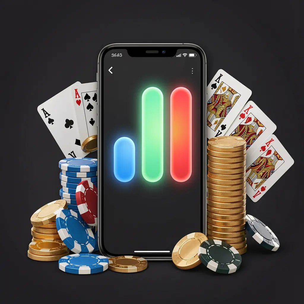 K7BTD casino app installation on a smartphone with glowing progress bar, surrounded by coins, chips, and cards on a dark background