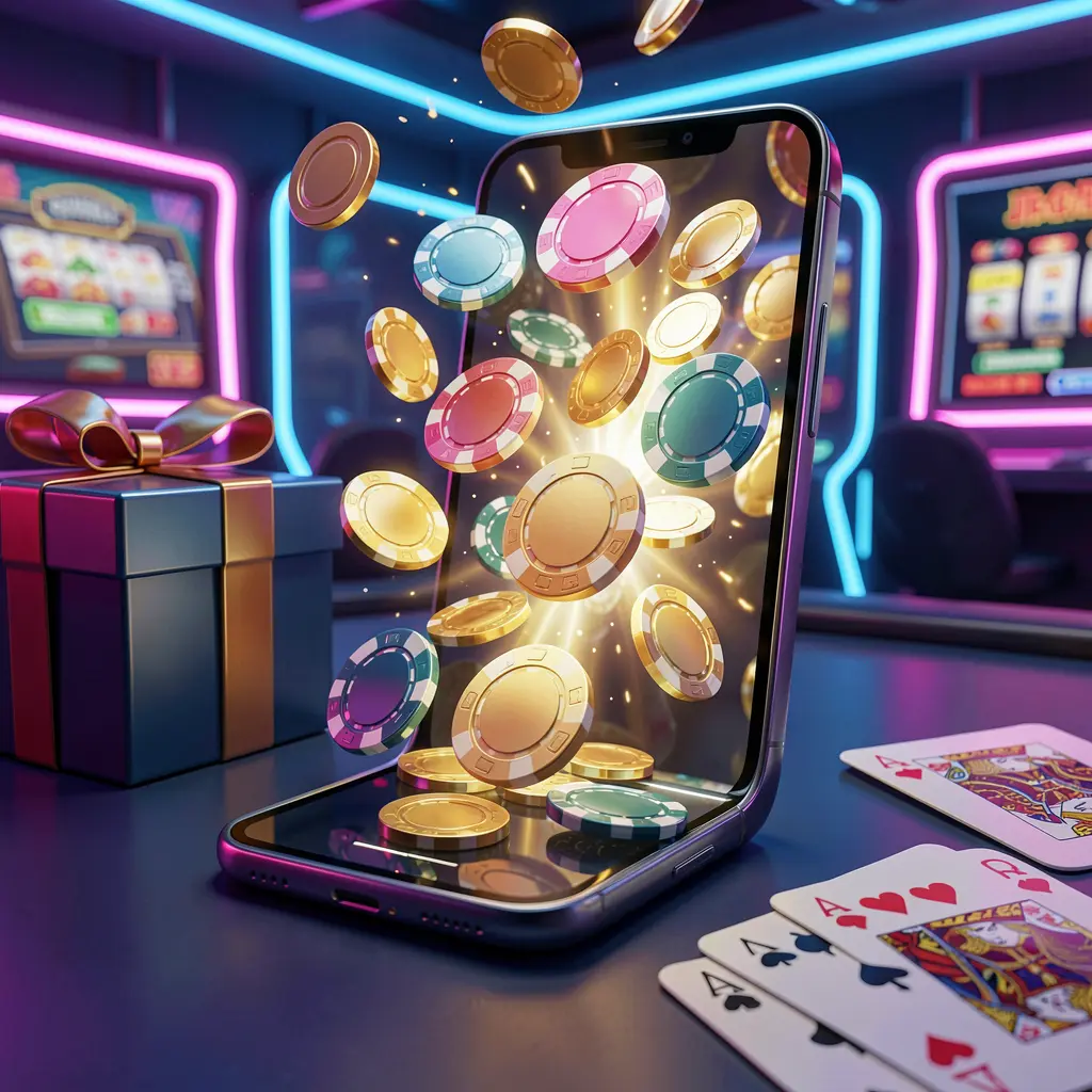 K7BTD mobile casino bonus scene with a modern smartphone displaying glowing casino chips and coins emerging from the screen, surrounded by a gift box and playing cards in a bright neon casino atmosphere