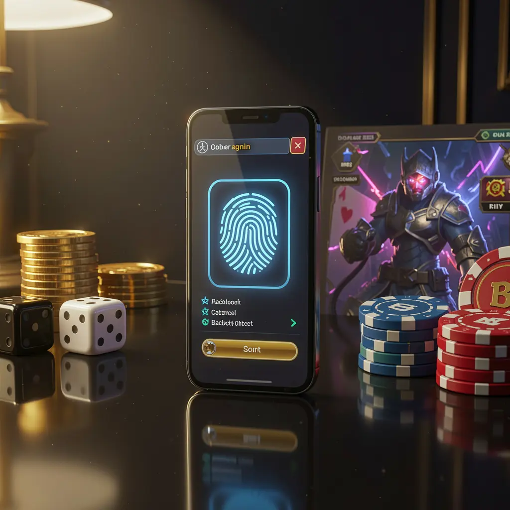 K7BTD online gaming account access scene featuring a smartphone with a glowing fingerprint icon, golden coins, dice, and poker chips on a glossy table under cinematic lighting