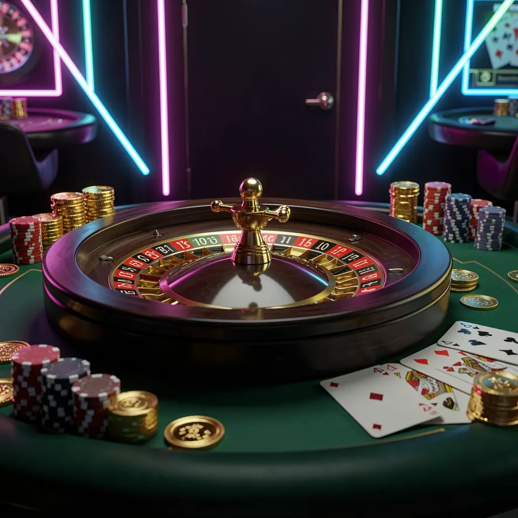 K7BTD online casino homepage hero banner featuring a luxury casino table with a roulette wheel, poker chips, playing cards, and golden coins on a dark premium background with neon glow in a cinematic 3D render
